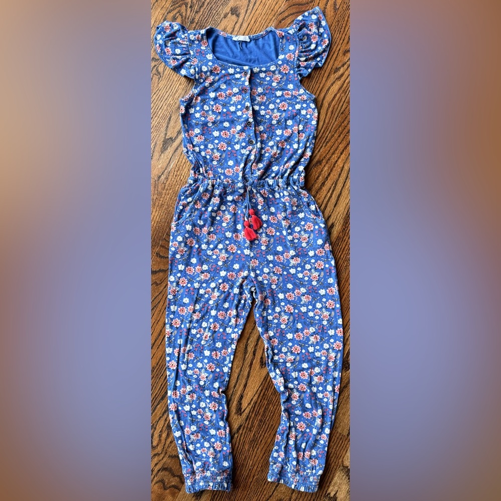 FatFace Young Crew Size 6/7 Blue Yellow Pink and White Jumpsuit with Fringe Tie